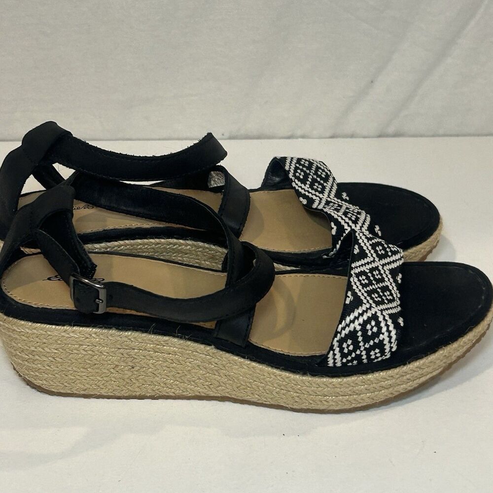 EDDIE BAUER Sandals Wedge 8.5 Espadrilles Black Geometric Boho Jute Strappy 2”